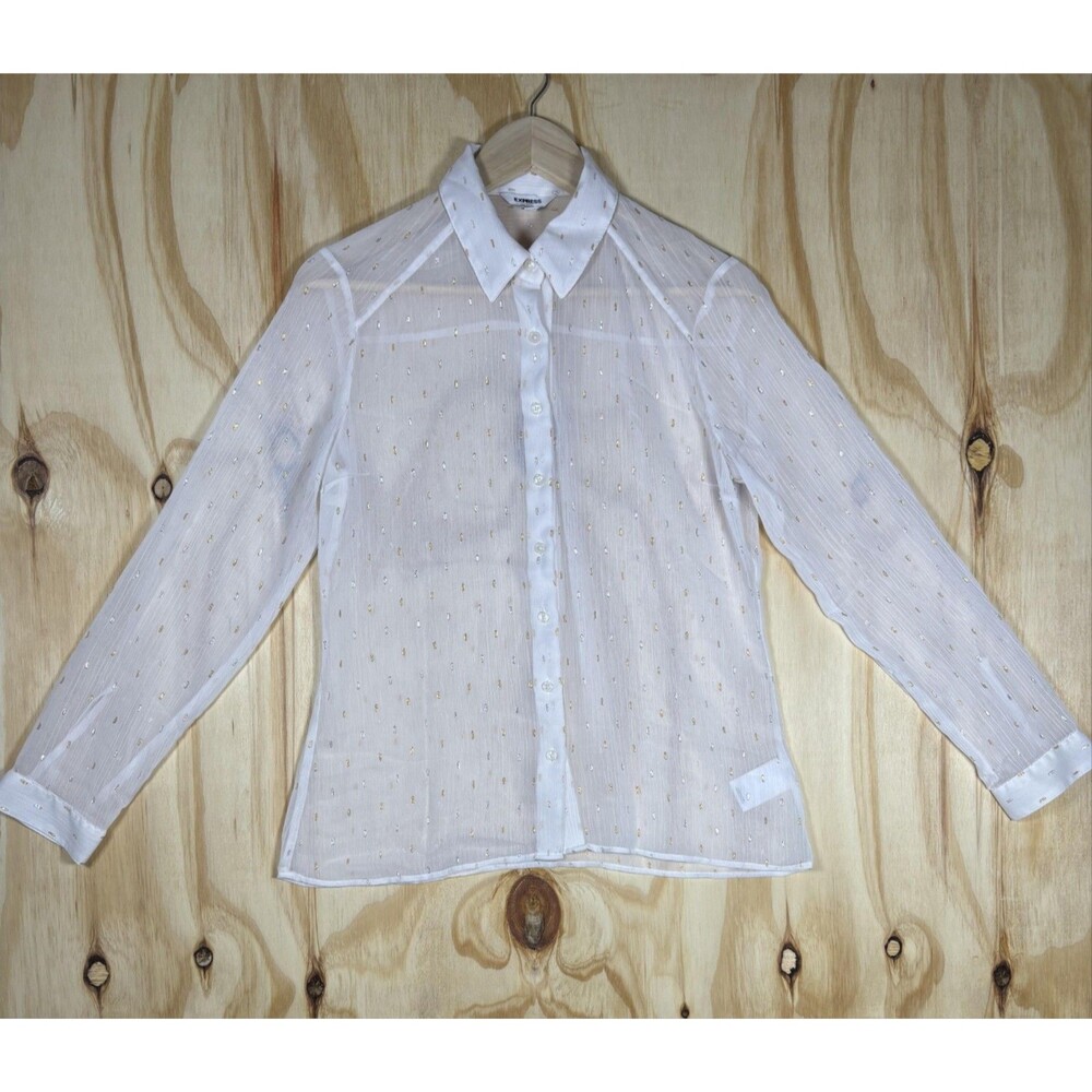 Express Top Womens S White Gold Polka Dot Sheer Button Up Blouse Long Sleeve